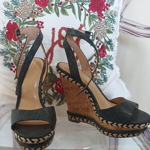 Jennifer Lopez Black and Cream Wedge Sandals with Ankle Strap